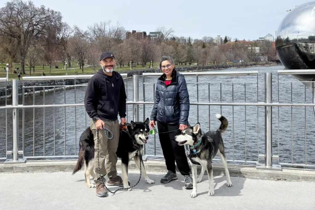 Cuidar casas mientras viajas: pareja paseando dos perros durante su primera experiencia de housesitting en Ottawa, Canadá