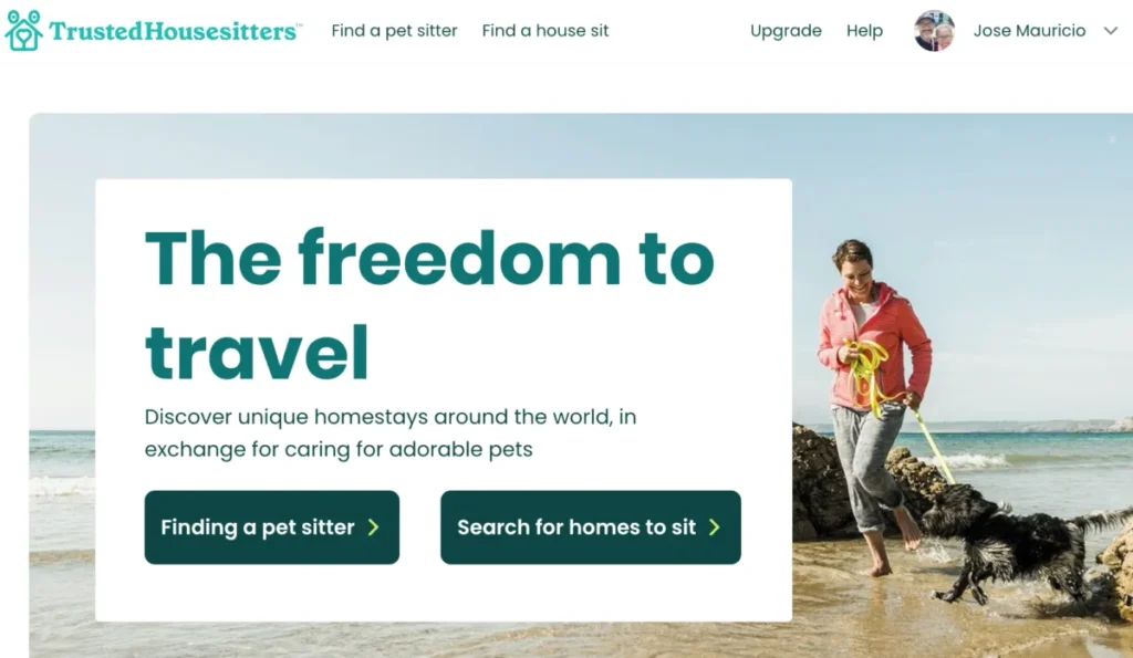 Página de TrustedHousesitters con opciones para encontrar casas para cuidar a cambio de alojamiento y cuidado de mascotas