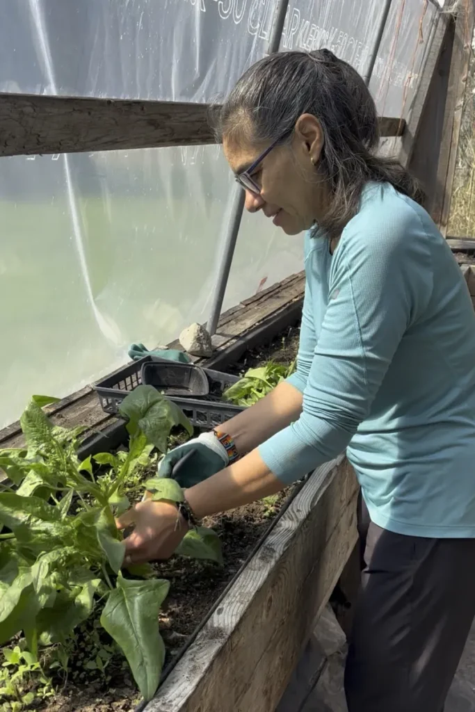 Adriana haciendo actividades de jardineria en un voluntariado