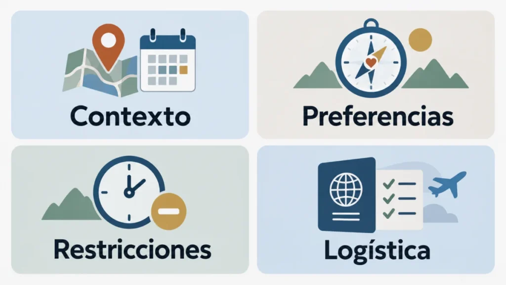 Infografía de los cuatro elementos para planificar un viaje con inteligencia artificial: contexto, preferencias, restricciones y logística.