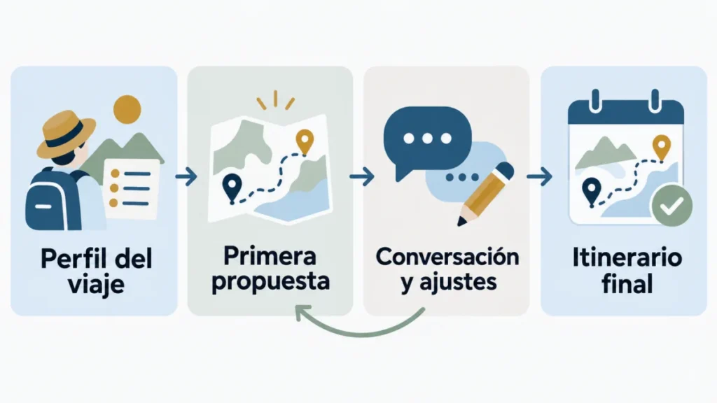 Infografía del proceso de crear un itinerario con IA: perfil del viaje, primera propuesta, conversación y ajustes, e itinerario final.