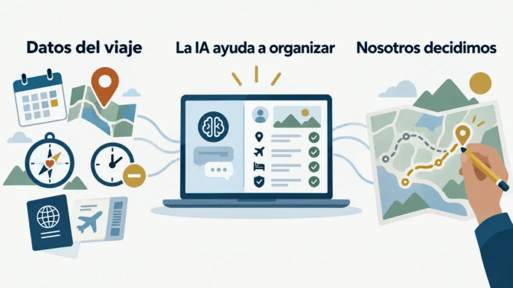 Infografía que muestra cómo la IA ayuda a organizar la información de un viaje, mientras el viajero decide la ruta final.
