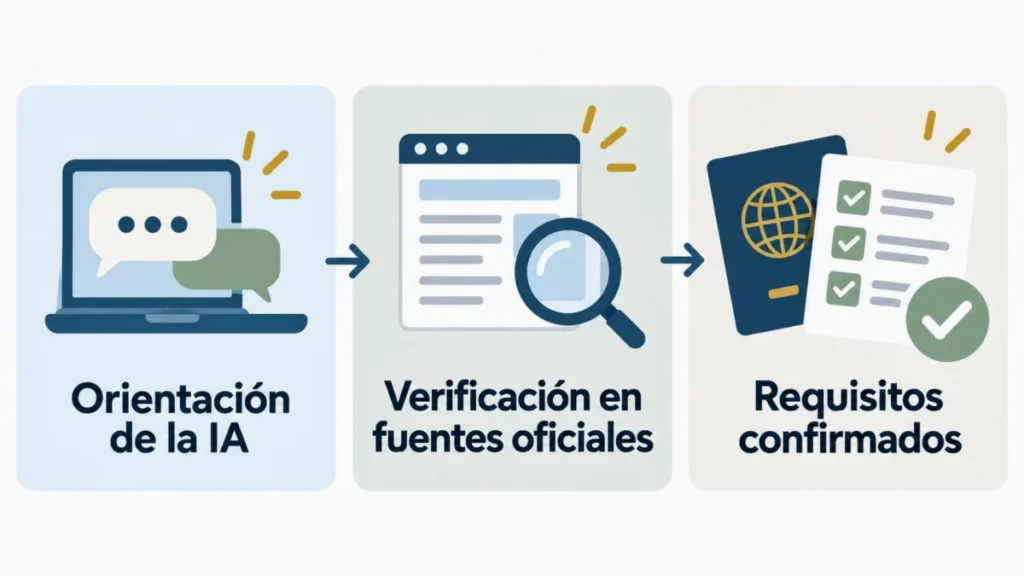 Infografía en tres pasos para comprobar requisitos de viaje: orientación de la IA, verificación en fuentes oficiales y requisitos confirmados.